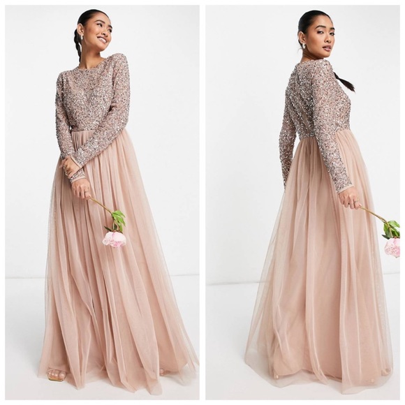 Maya Delux ASOS Maya Bridesmaid long sleeve maxi tulle dress sequin muted blush - Picture 1 of 14